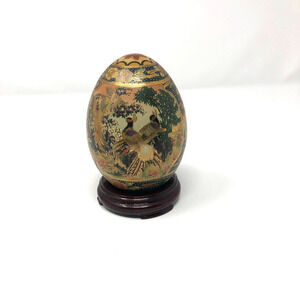 VINTAGE Satsuma Cloisonné Egg Hand Painted Peacocks on Wood Pedestal